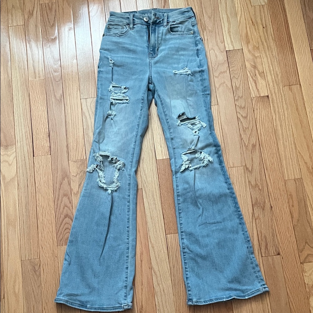 American Eagle Outfitters Blue Distressed Wide Leg Jeans